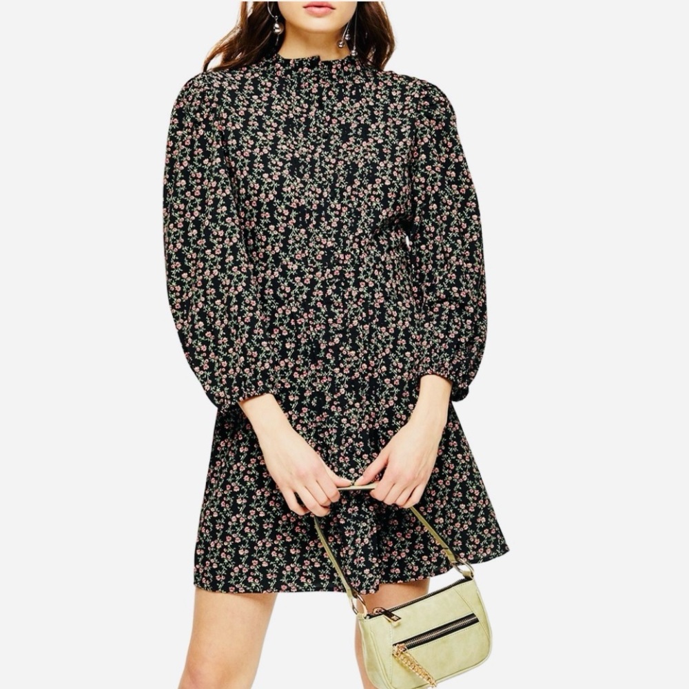 Topshop Blck Mini Dress with Floral Print ND puff Sleeves .